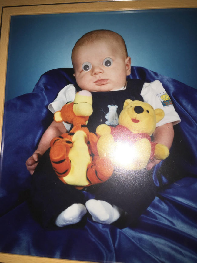 About 5 years ago, I put googly eyes on a picture of my brother as a baby. They're still there to this day