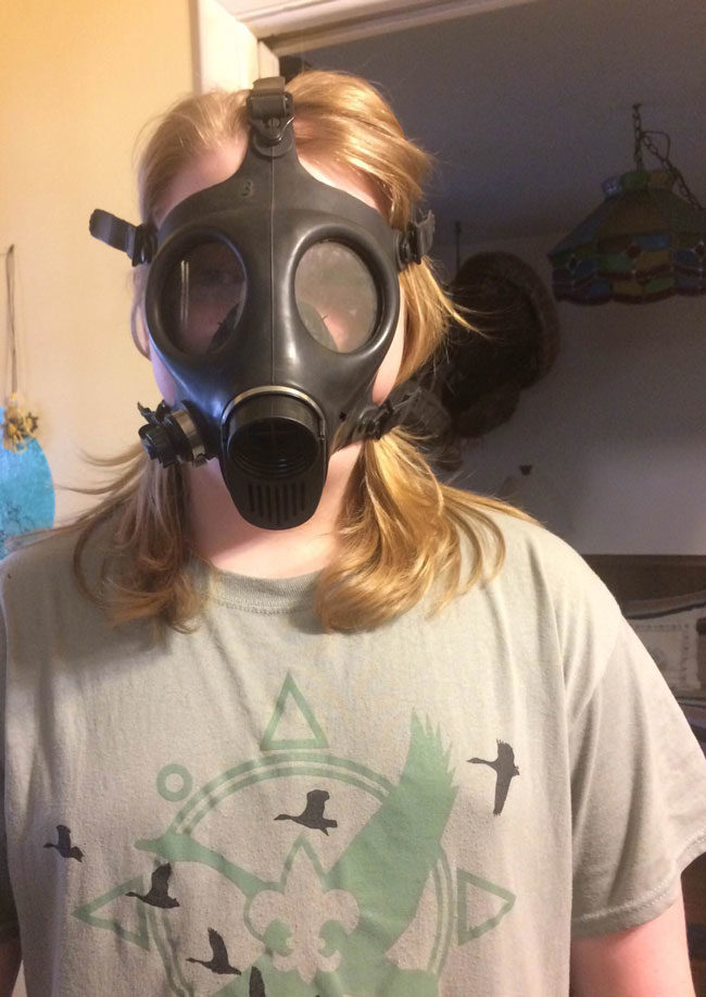My younger cousin went to school yesterday with this gas mask, when asked why he was wearing it, he replied “Because love is in the air”