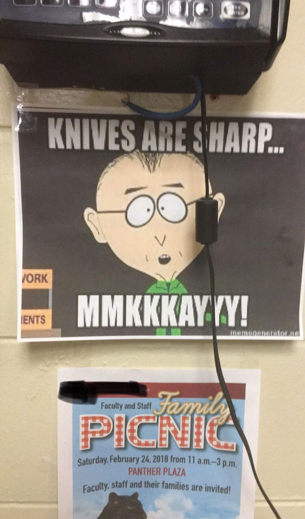 I told my boss we need to put a sign up so the kitchen staff knows we sharpened the knives and this is what he chose to tell everyone