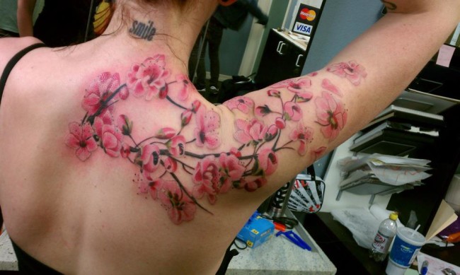Cherry blossom arm back piece. 11 hour session at Player's Ink in San Jose, CA with Andre.