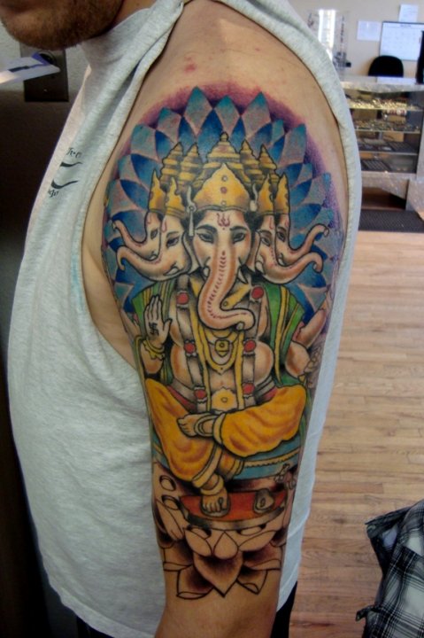 My Ganesh piece on left arm. Art done by Ian @ Old Larimer Street Tattoo, Denver CO.