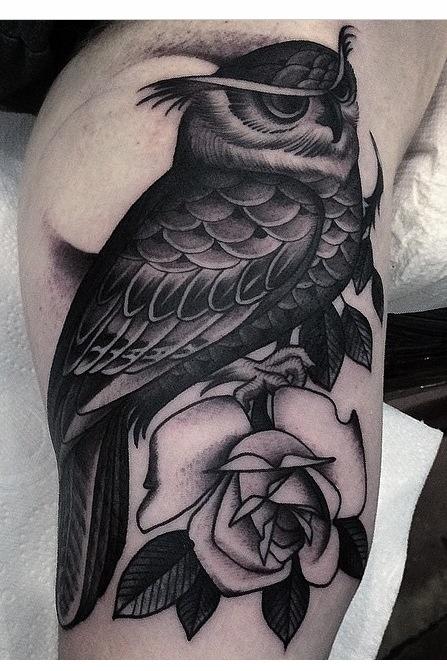 My new owl and rose inner arm by Gianluca Fusco, The Family Business, London
