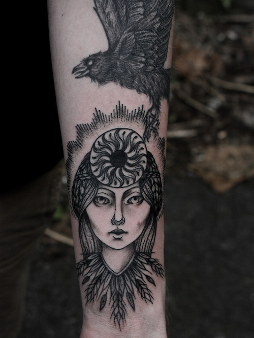 My norse mythos arm in progress. Huginn Muninn and Sol, Goddess of the sun. Baylen levore in Asheville, NC