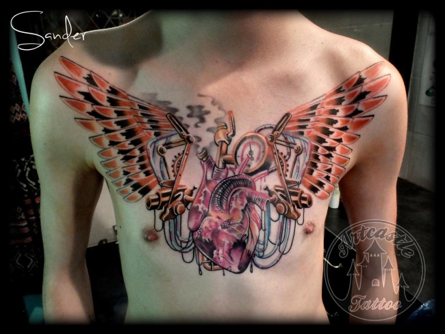 Steampunk heart chestpiece, done by Sander Valentijn, Tattoo Artcastle, Zeist