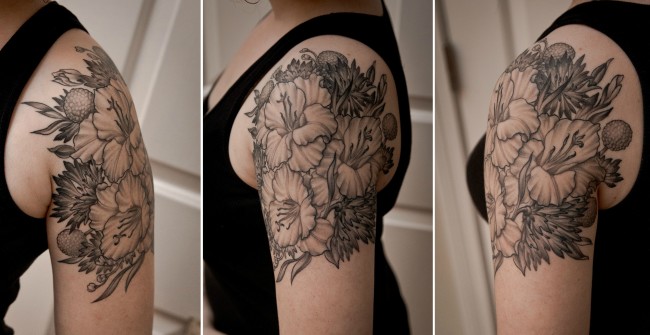 Update: Finished and Healed Floral B&G Shoulder Piece- Kurt Brown, The Gallery Tattoo Studio, Concord, MA