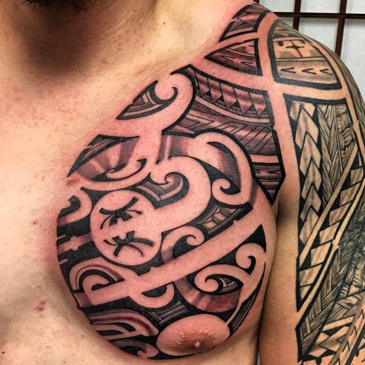 Half Chest and Sleeve Guam Tribal Tattoo