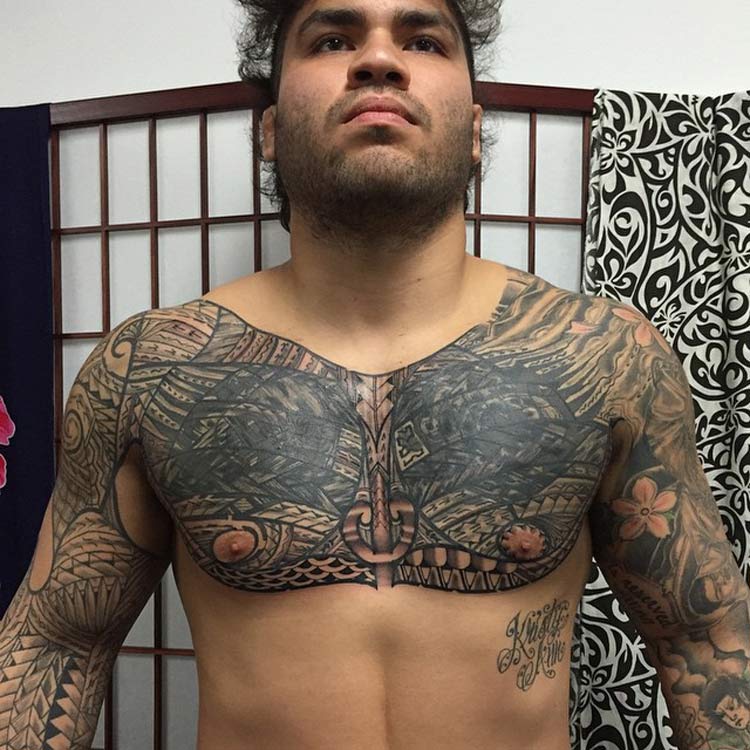 Polynesian chest & sleeves tattoo