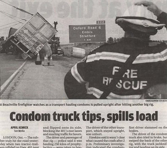 Condom truck spills load