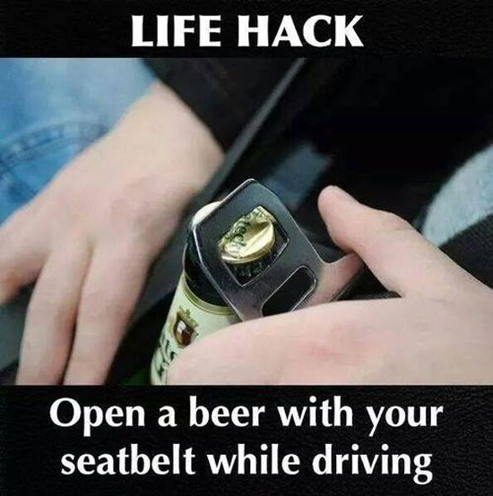 Open beer with seatbelt