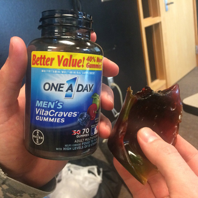 My friend's vitamins melted into solid block. This is how he takes them now.