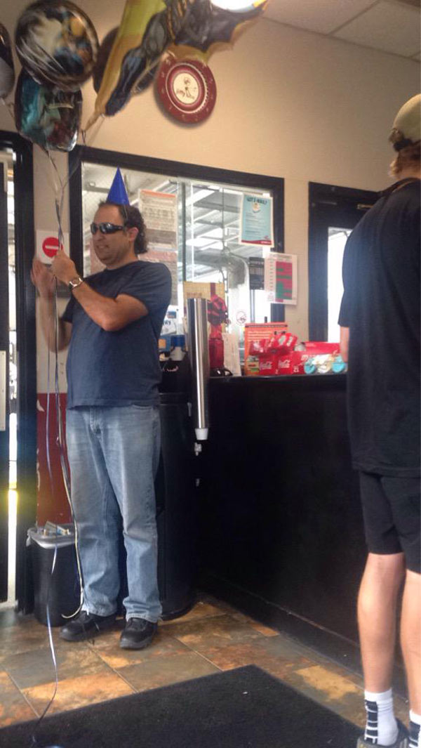 Waiting at Jiffy Lube and this guy brought cookies, hats, balloons, and soda for everyone so that we could have a party while we waited.
