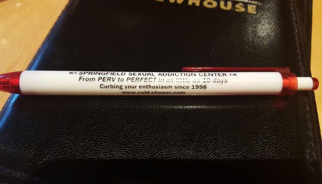 My waitress left me this pen to sign my dinner check.