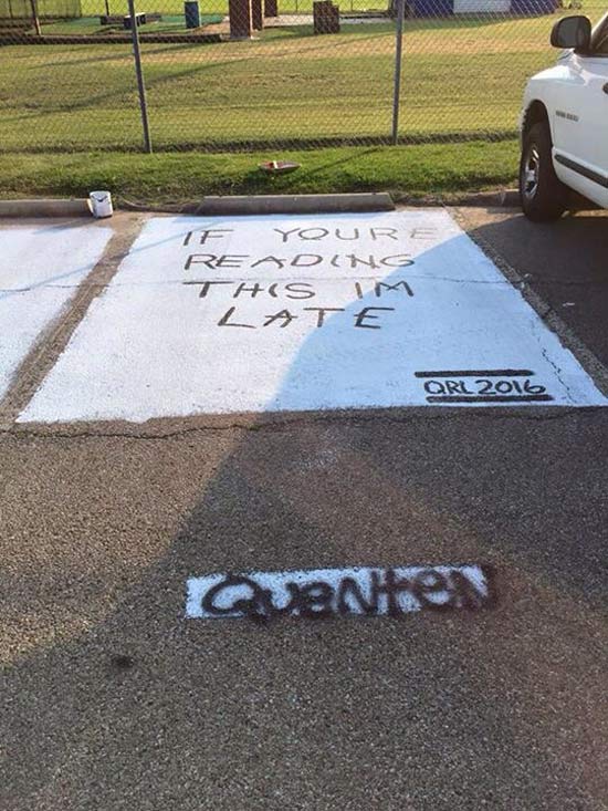At my old high school they let the seniors paint their parking spot. This one is my favorite.