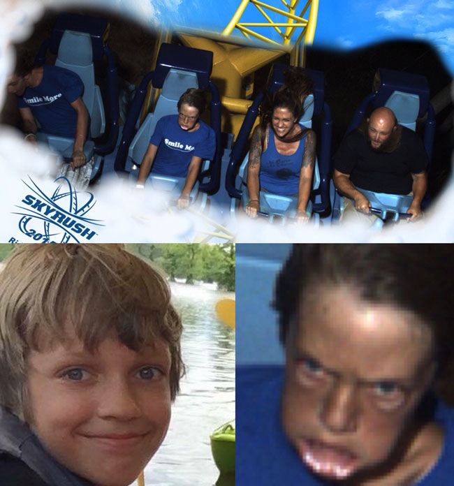 This roller coaster photo will haunt my son forever. (His normal face for reference)
