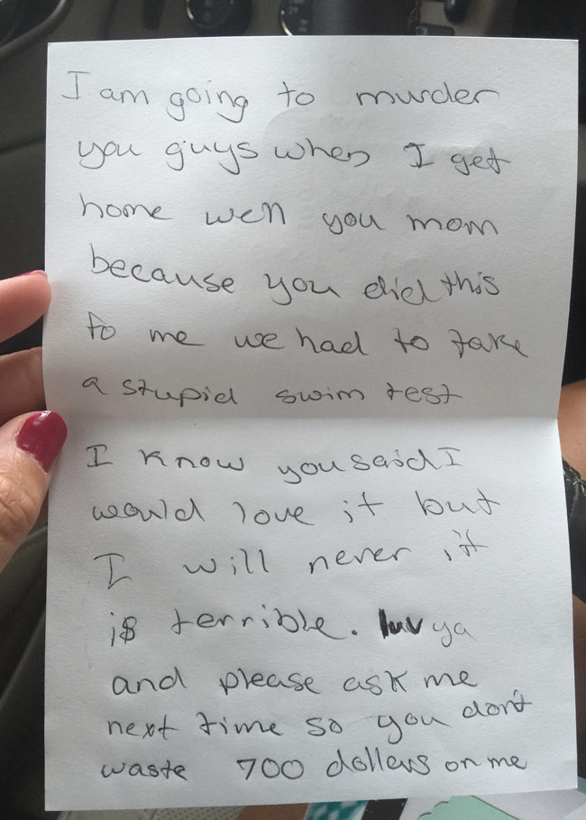 My Cousin dropped her daughter off at summer camp a few days ago. This is the first letter she sent home