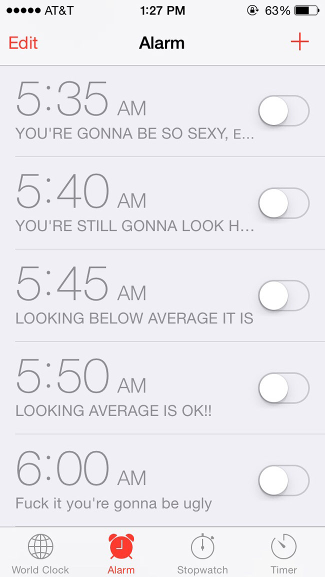Creeping on my wife's phone and stumbled across her alarm clocks.