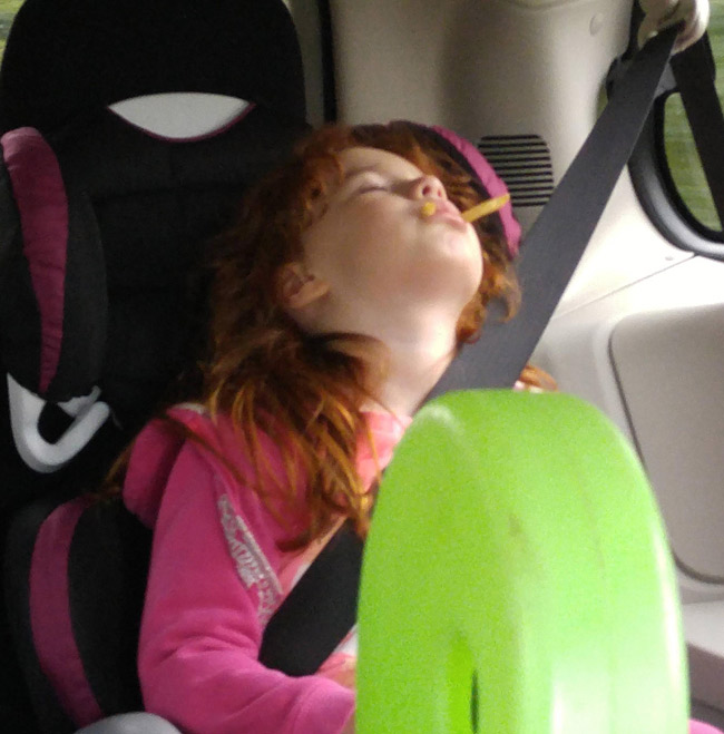 My kids are masters at falling asleep anywhere and at any time. Today it was while eating fries