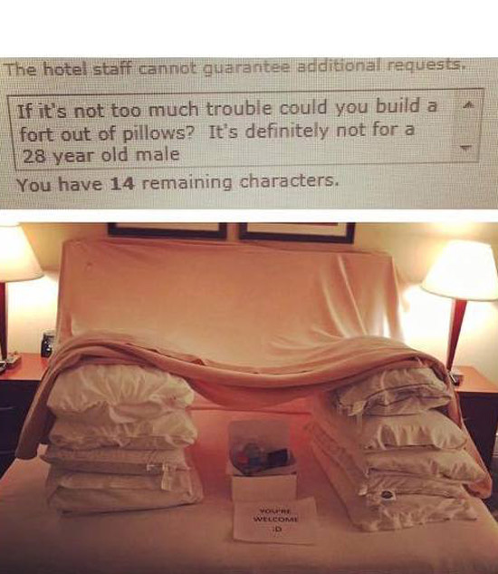 Ridiculous and hilarious hotel requests, fulfilled. One way my friend entertains himself while traveling on business
