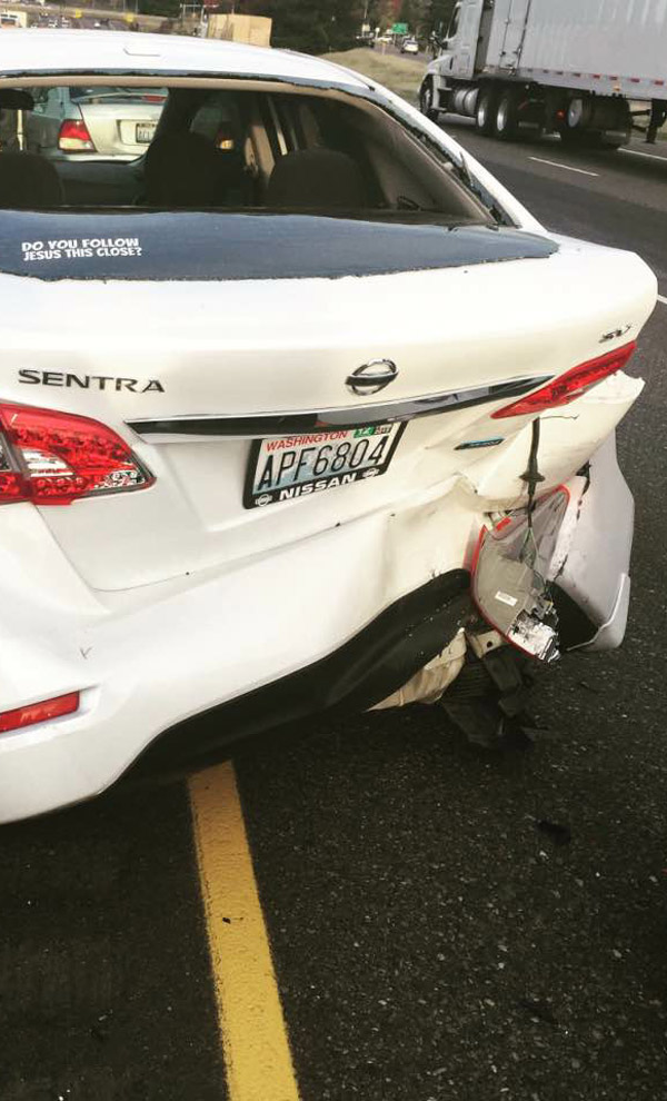 My friend got into an accident. At least her sticker made it