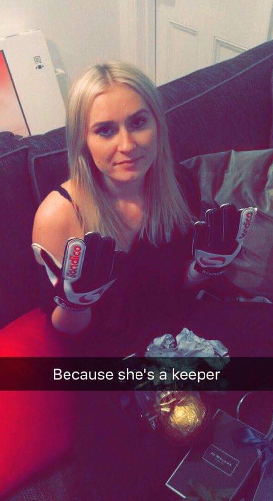 so my sister got goalie gloves for christmas from her boyfriend for 'being a keeper'...