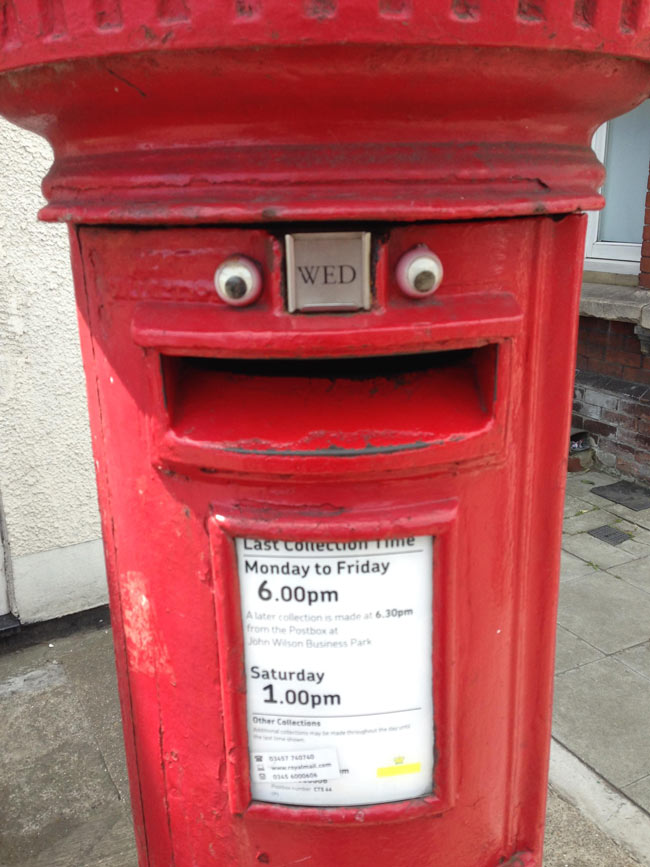 Somebody keeps putting googly eyes on the postboxes where I live