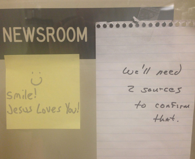Someone put a post-it on my local public radio station's newsroom door. They responded
