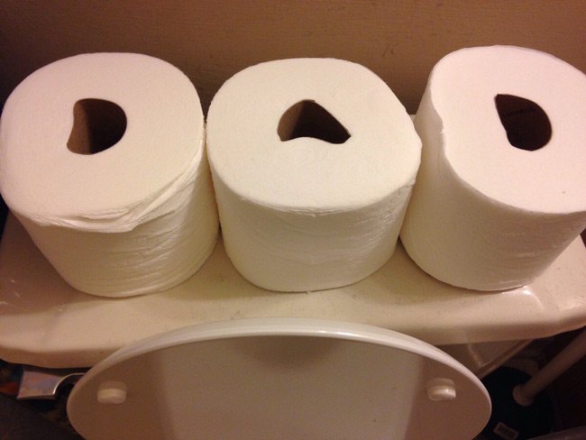 My son lined up these toilet paper rolls for me, his dear old DAD!