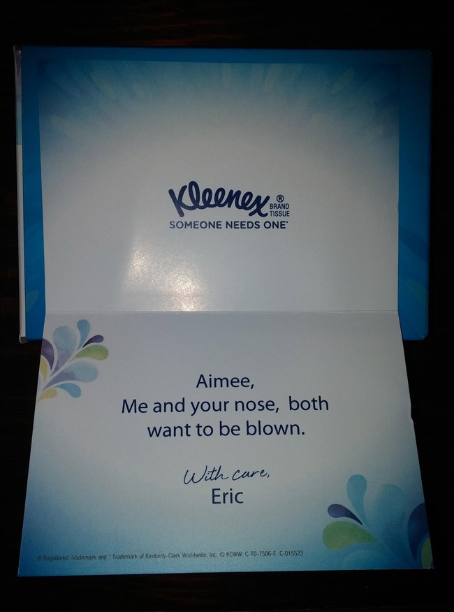So Kleenex offered personalized Valentine's portable packs. They don't screen