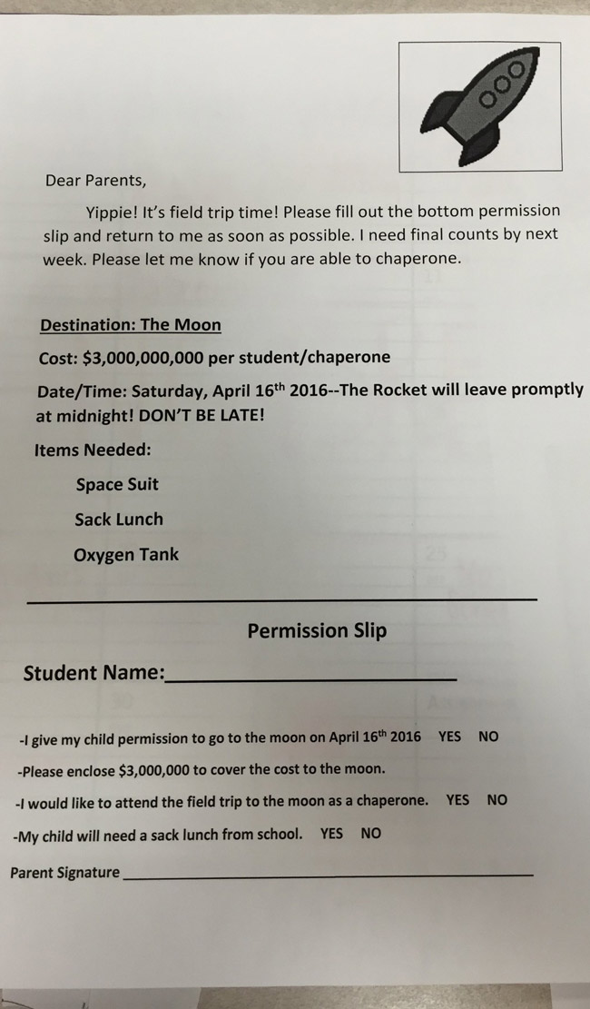 My friend is sending this home with her 3rd grade class for an April Fools gag