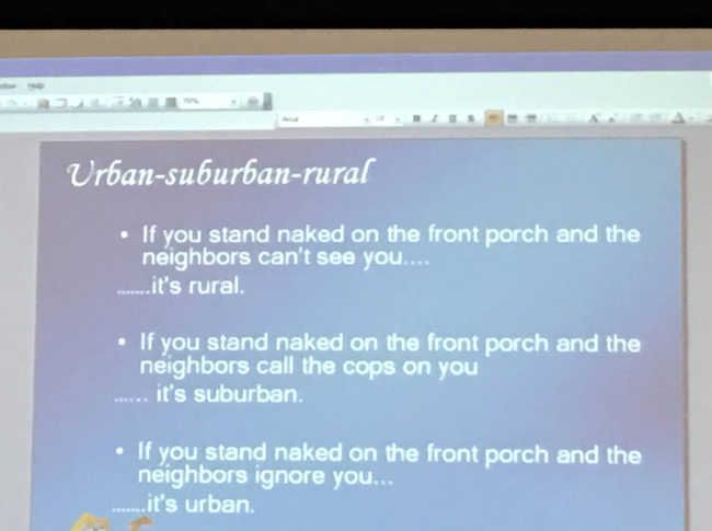 A friend on Facebook shared this slide from her class. The difference between urban, suburban, and rural