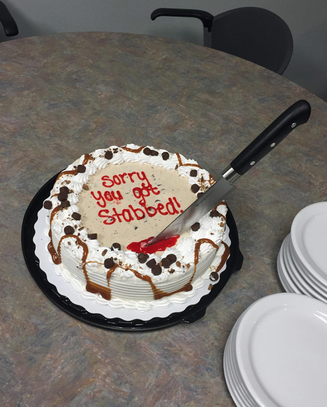 Co-worker receives cake on his first day back. I work with a**holes