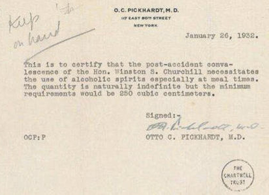 A note from Winston Churchill's doctor for alcohol during his trip to America during prohibition