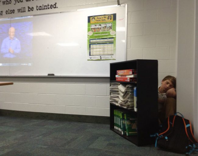 Some kid hid behind a bookshelf and fell asleep during the video in my personal finance class...