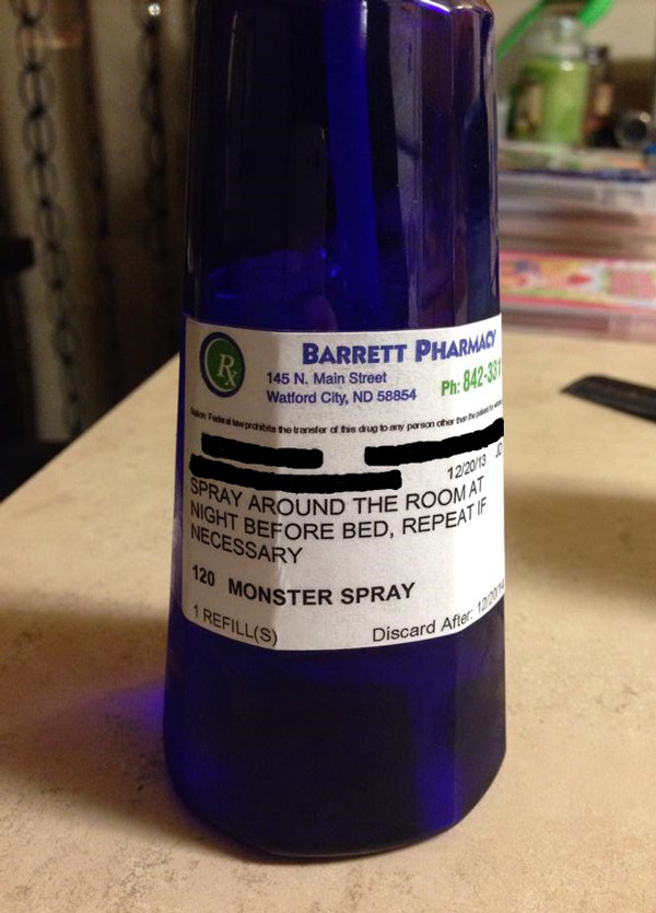 A 6 year old girl couldn't sleep at night because she was scared of monsters so the Doctor gave her this spray