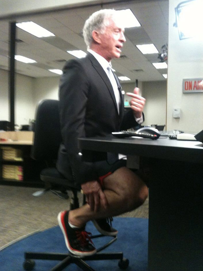 My local news station posted this to their Facebook with the title, "Ever wonder what anchors really wear under the desk?"