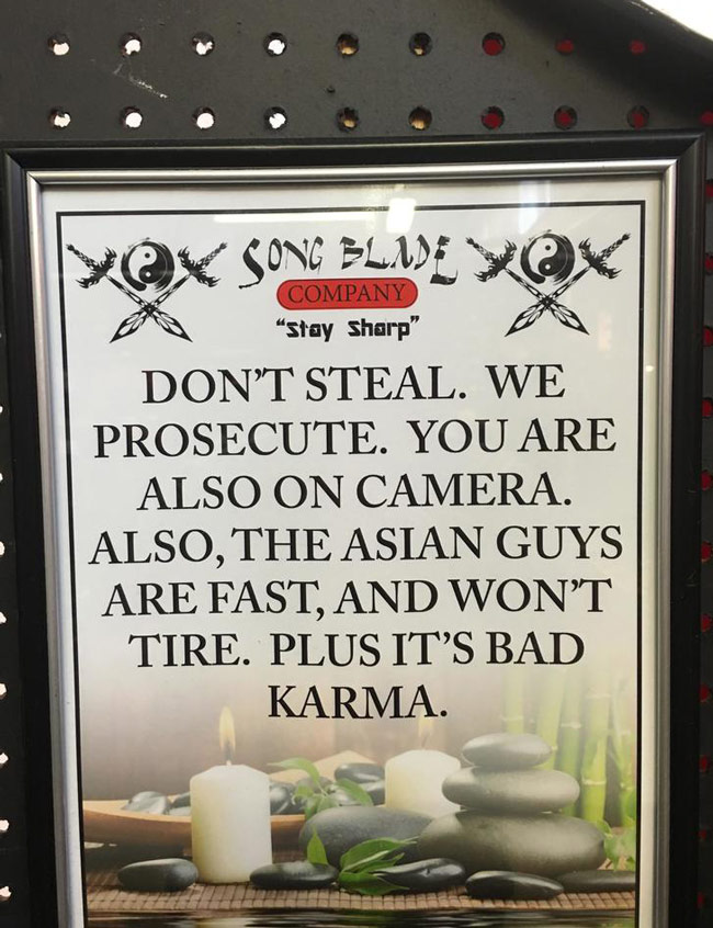 Saw this sign at the flea market Sunday. Thieves will think twice