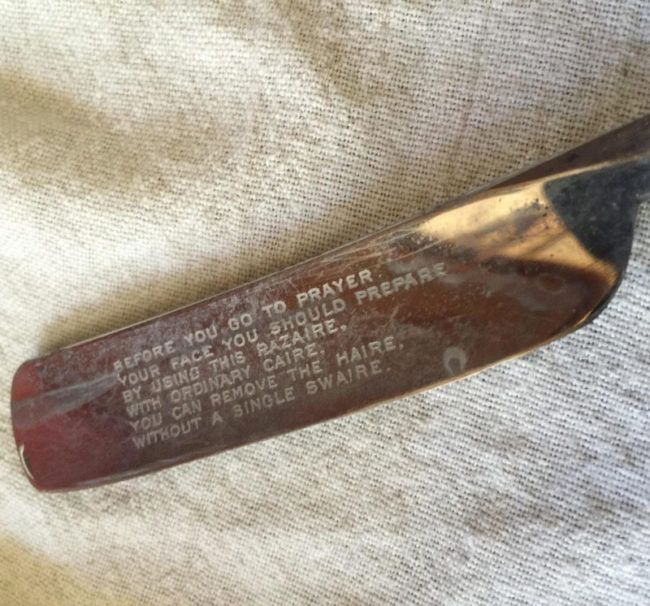 My grandpa passed away and I got his straight razor. When I was cleaning the gunk off I found an inscription!