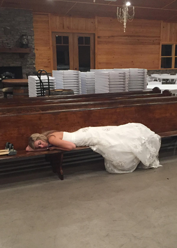 Weddings are exhausting! Here's a pic of my brothers wife after everyone left the reception
