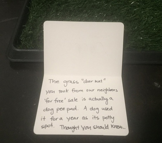 Thought we scored an awesome doormat from neighbors who moved... then other neighbors left us this note...