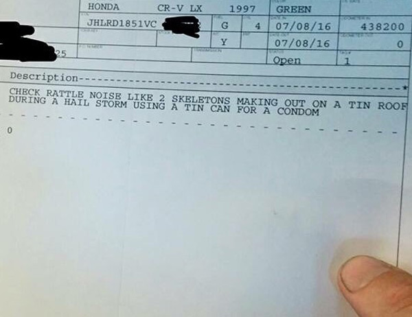Customer says their car has a slight rattle. Repair service counter wrote word-for-word what the customer described