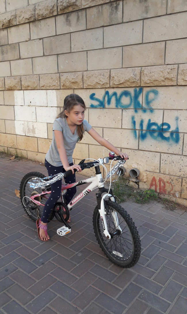 Took a pic of my kid on her new pimped up bike... didn't pay attention to the graffiti in the background