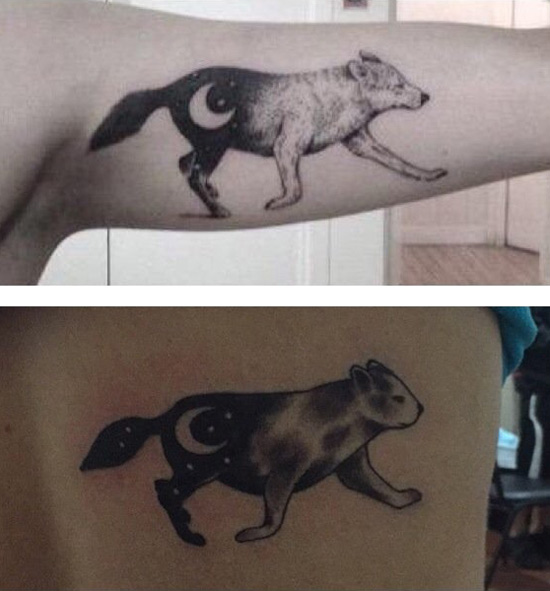 My friend's wolf tattoo idea vs. what she ended up with