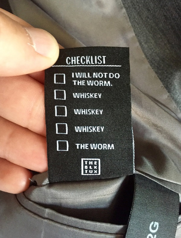 My rented tuxedo had an extra tag on the inside jacket pocket to help me get through the wedding