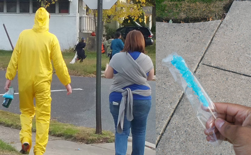 While I was out trick-or-treating with my son, there was a guy dressed in Breaking Bad attire handing out crystal meth rock candy