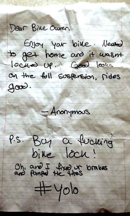 Note from a bike thief with excellent karma