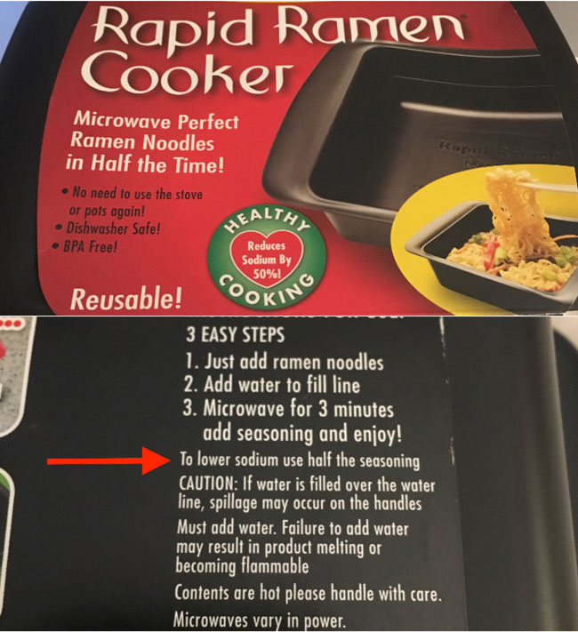 This Ramen cooker claims to reduce sodium by 50%, but when you look at the back...