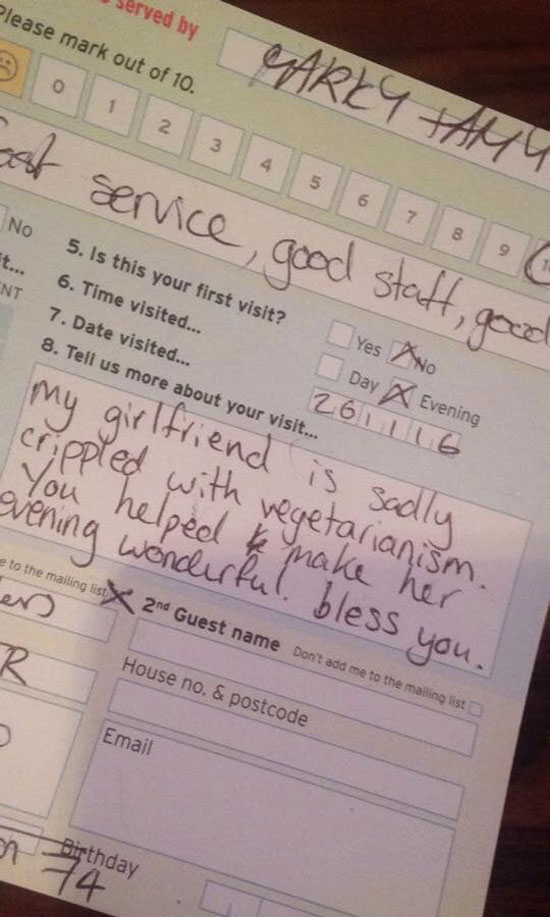 Comment card left at a restaurant