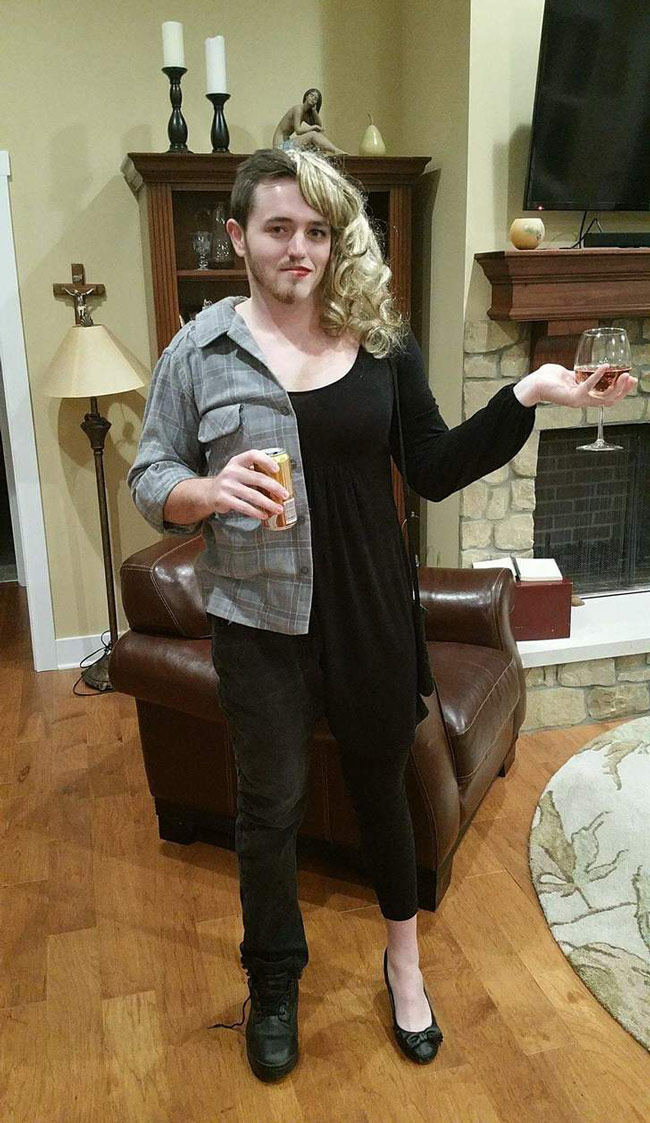 My brother was sad his girlfriend couldn't come to our Halloween party, so he came as both of them