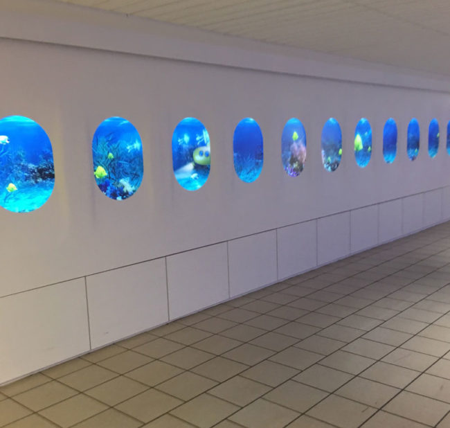 My local airport added a new display to mimic the inside of a plane. They chose an underwater scene as the background. How reassuring...