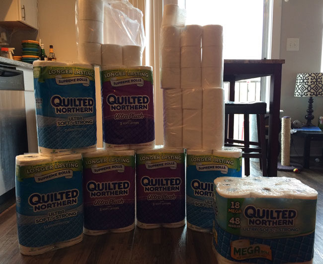 My mom won't stop sending me toilet paper. I live alone. 89.5 rolls and counting